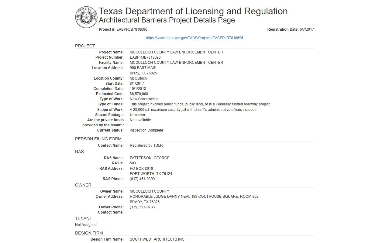 McCulloch County Law Enforcement Center TDLR jail project record